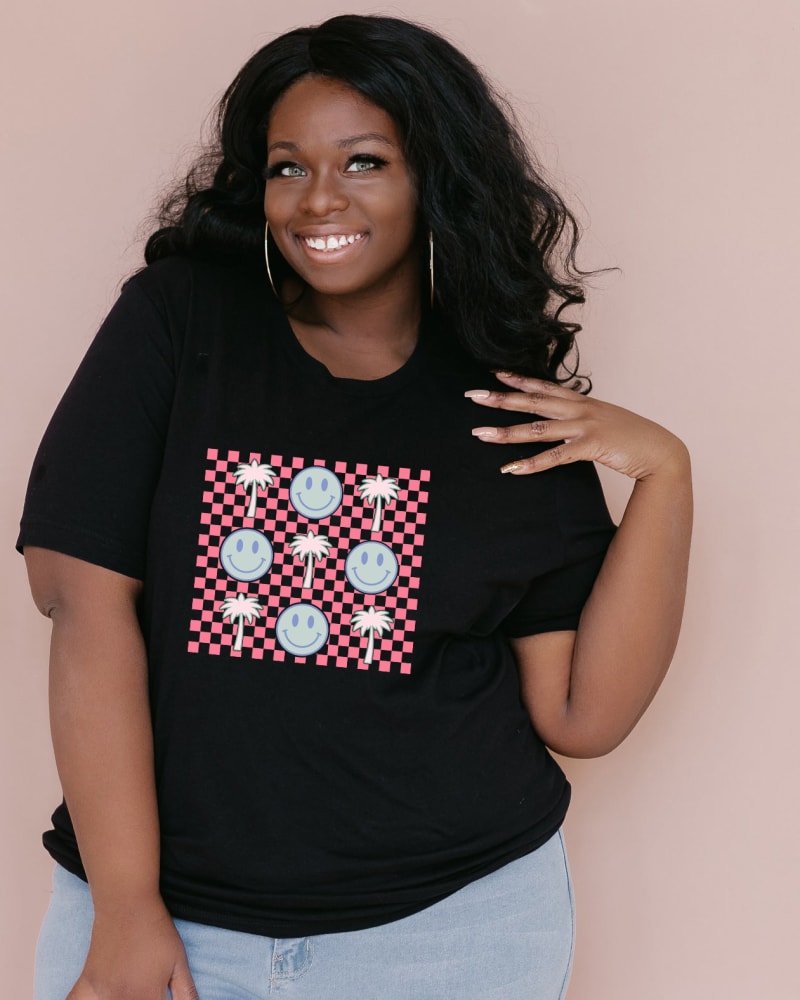 Front of a model wearing a size Large Smiley Palm Trees Checkered in Black by Simply Sage Market. | dia_product_style_image_id:281599